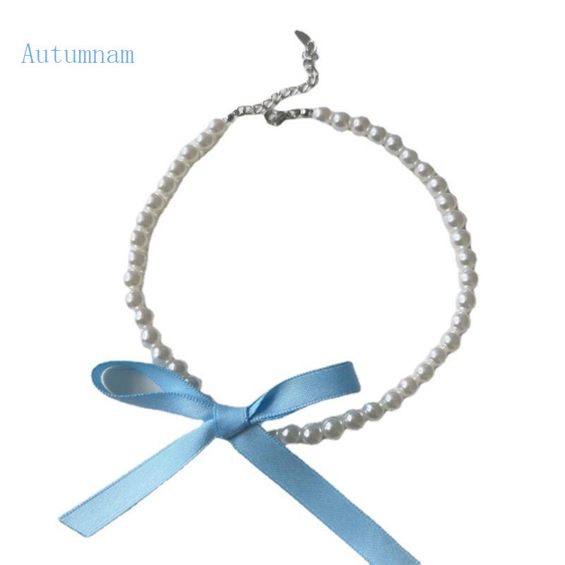 Vòng Cổ Choker Đính Ngọc Trai Nhân Tạo Và Ruy Băng Màu Xanh Dương Phong Cách Gothic Thanh Lịch Dành