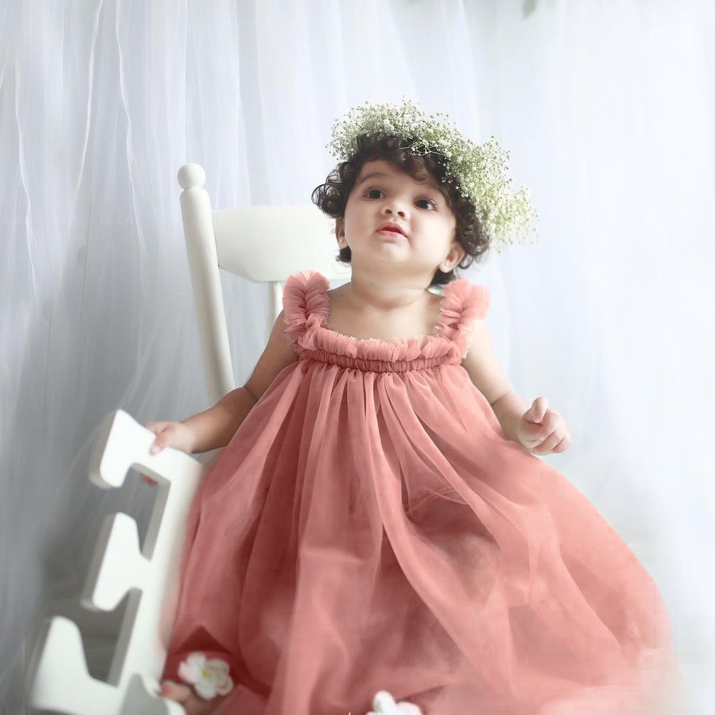 Đầm Công Chúa Phối Lưới Màu Trơn Dễ Thương Thời Trang Mùa Hè Cho Bé Gái 1-5 Tuổi