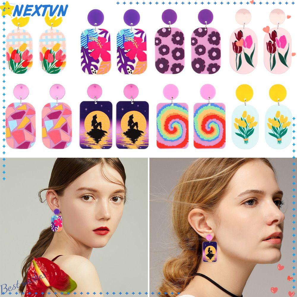 Khuyên Tai Nữ Dáng Dài Đính Hoa Nhiều Màu Thời Trang