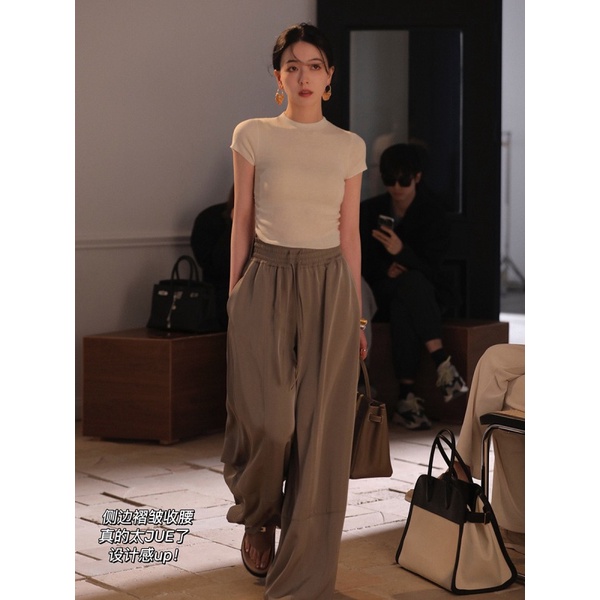 NZN Áo Croptop Dệt Kim Tay Ngắn Cổ Tròn Màu Hồng Phong Cách Hàn Quốc Cho Nữ