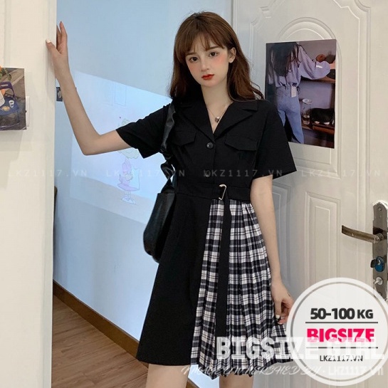 Đầm Vest Blazers Bigsize Váy nữ tay ngắn cổ chữ v kẻ sọc caro thắt eo mùa hè Phong cách Hàn Quốc Thời Trang sang chảnh cá tính xinh đẹp quảng châu cao cấp