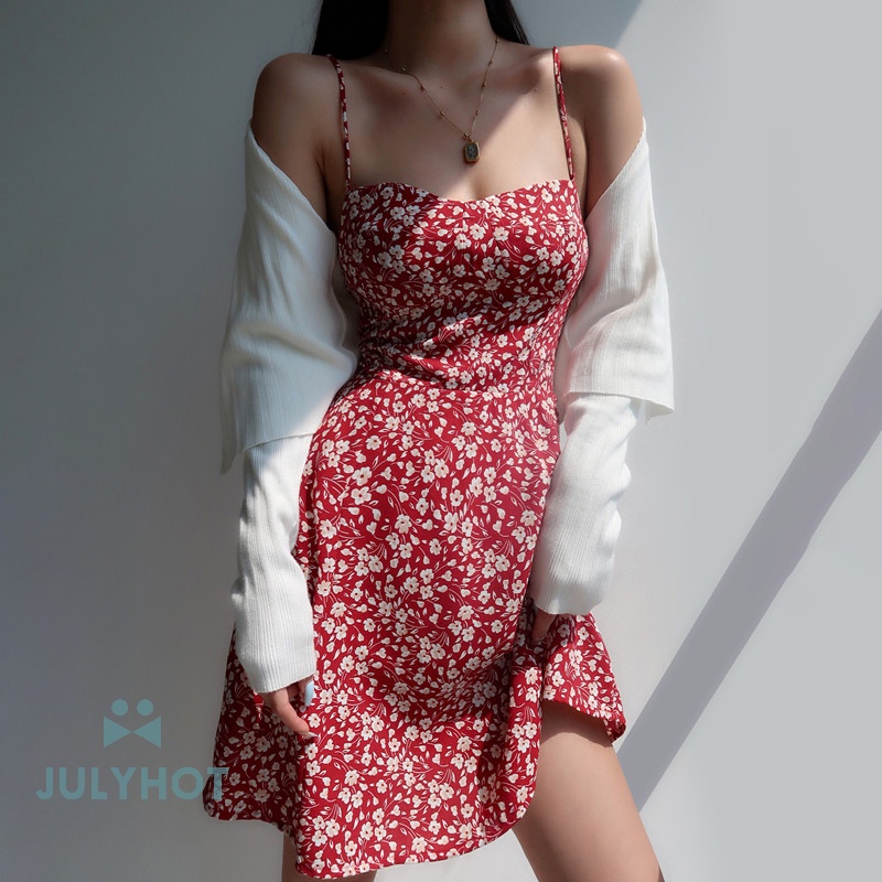 Mùa Hè Mát Mẻ Hoa In Váy Phụ Nữ Voan Spaghetti Dây Đeo Váy Bãi Biển Backless Dresses VN