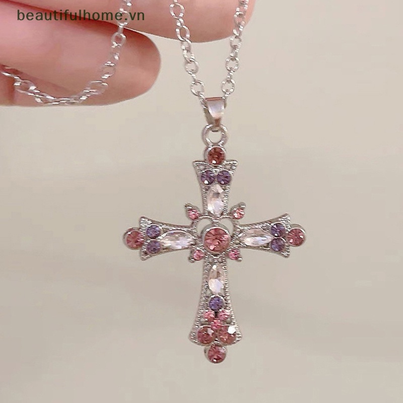 Vòng cổ Mặt Chữ Thập Đính Đá Zircon Màu Tím Thời Trang Cho Nữ