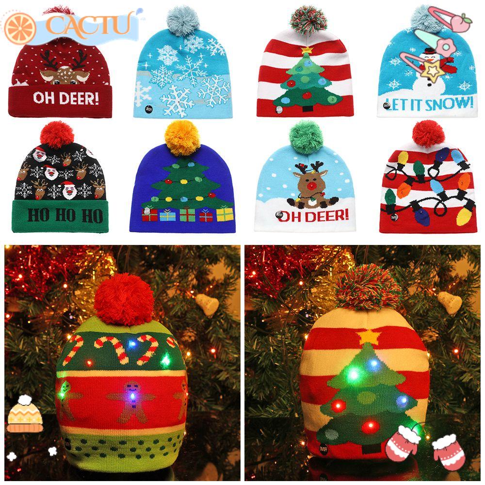 Mũ Len Beanie Có Đèn LED Họa Tiết Bông Tuyết Tuần Lộc Giáng Sinh Vui Nhộn Dành Cho Trẻ