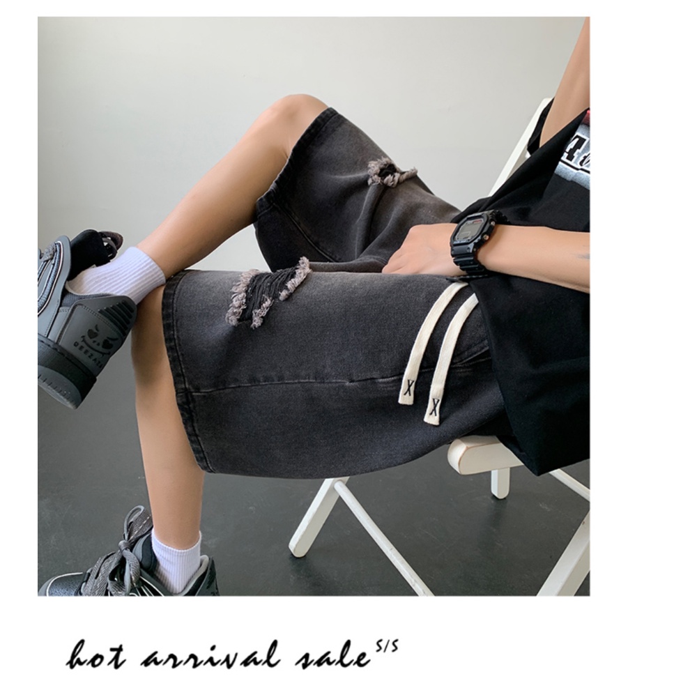 Quần Short Denim Mỏng Dáng Rộng Rách Cá Tính Phong Cách Retro Đường Phố Mỹ Cho Nam