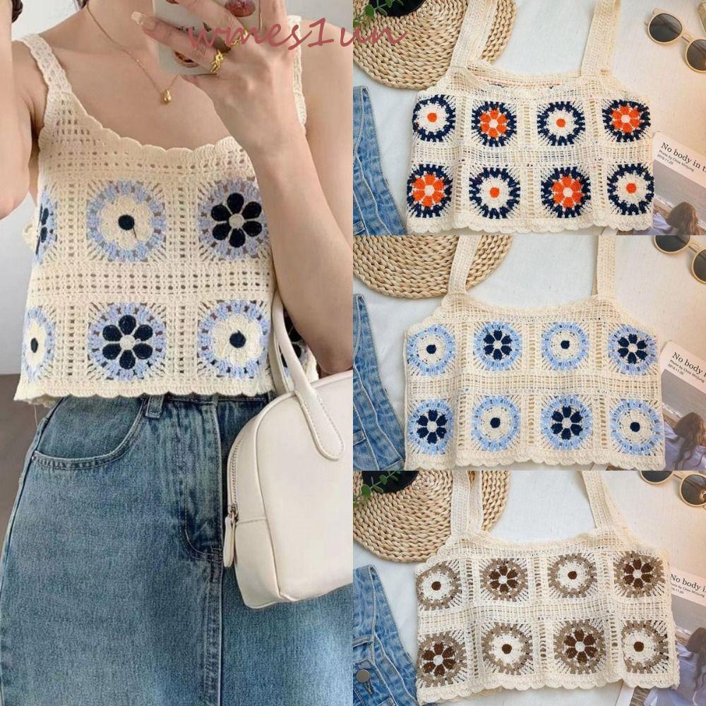 Áo Hai Dây Dệt Kim WMES15H Y2k Họa Tiết Hoa Nhiều Màu Sắc Ngọt Ngào Phong Cách Bohemia Cho Nữ