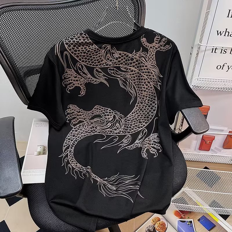 Áo thun HANLU cotton tay lỡ in họa tiết rồng thoải mái thoáng khí cho nam