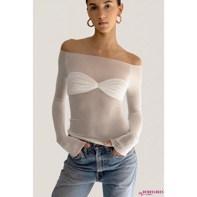 Áo Thun Tay Dài Trễ Vai Phối Lưới Xuyên Thấu Đính Nơ Y2K Phong Cách Đường Phố Quyến Rũ Cho Nữ