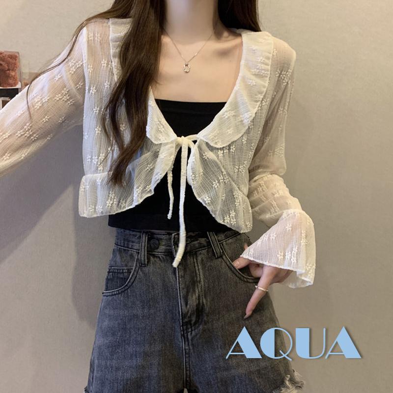 Áo Cardigan Ren Hoa Nhún Bèo Phía Trước Chống Bụi Bẩn Tay Dài Cho Nữ