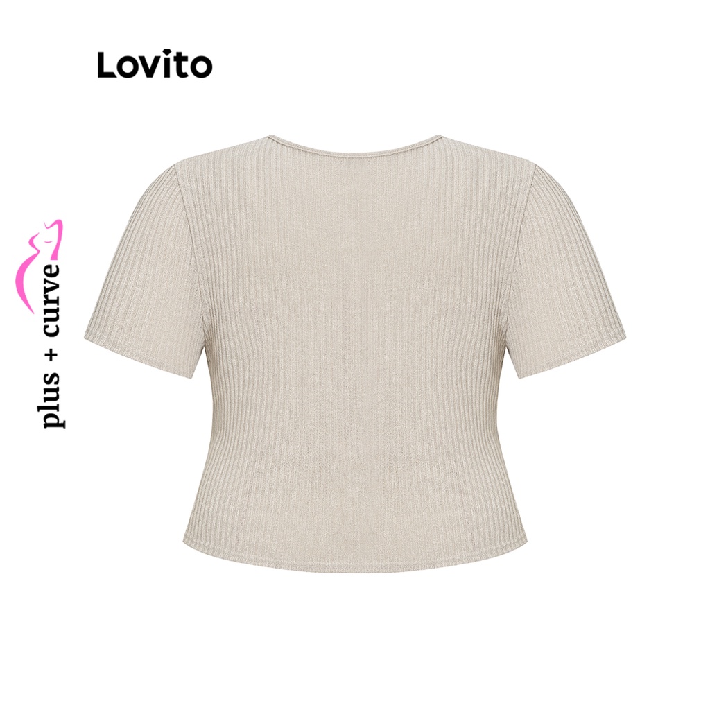 Lovito Áo dệt kim trơn phối ren giản dị có đường cong cỡ lớn cho nữ LPS11032 (Kaki nhẹ)