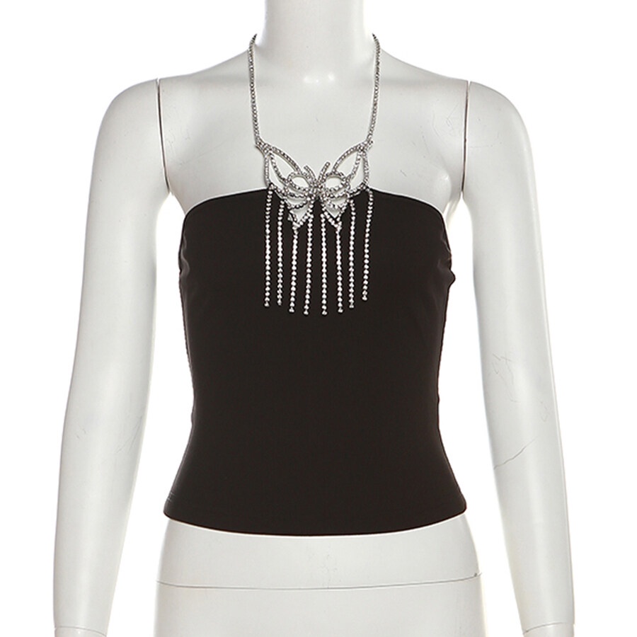 Weird Puss Áo Hai Dây Mỏng Đính Đá Phối Dây Xích Tua Rua Thời Trang Mùa Hè Quyến Rũ Cho Nữ