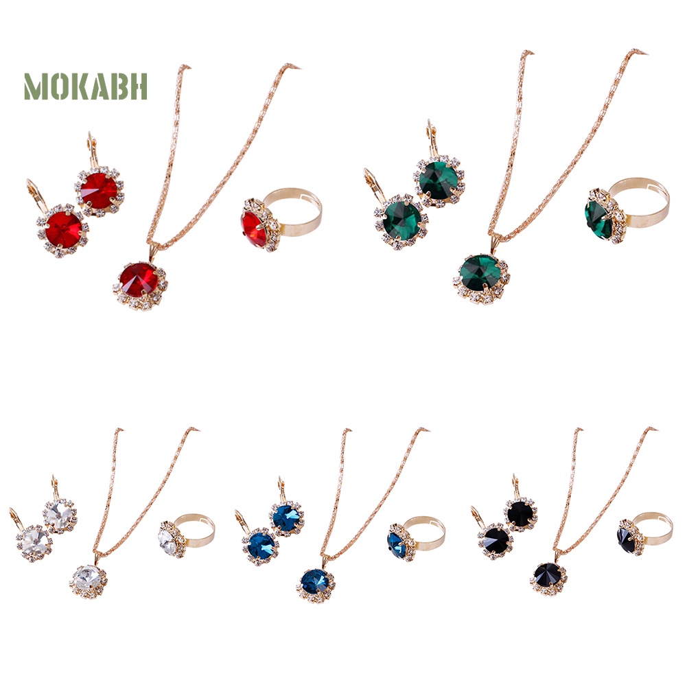 Bộ Vòng cổ + Nhẫn + Bông Tai Hình Tròn Đính Đá Thời Trang Cho Nữ