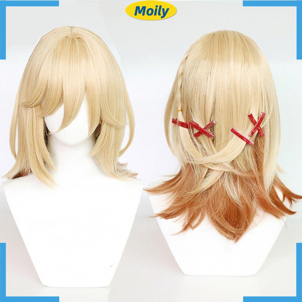 Bộ Tóc Giả Dài 50cm Màu Vàng Bằng Vải Lanh Dùng Hóa Trang Genshin Dịp Halloween