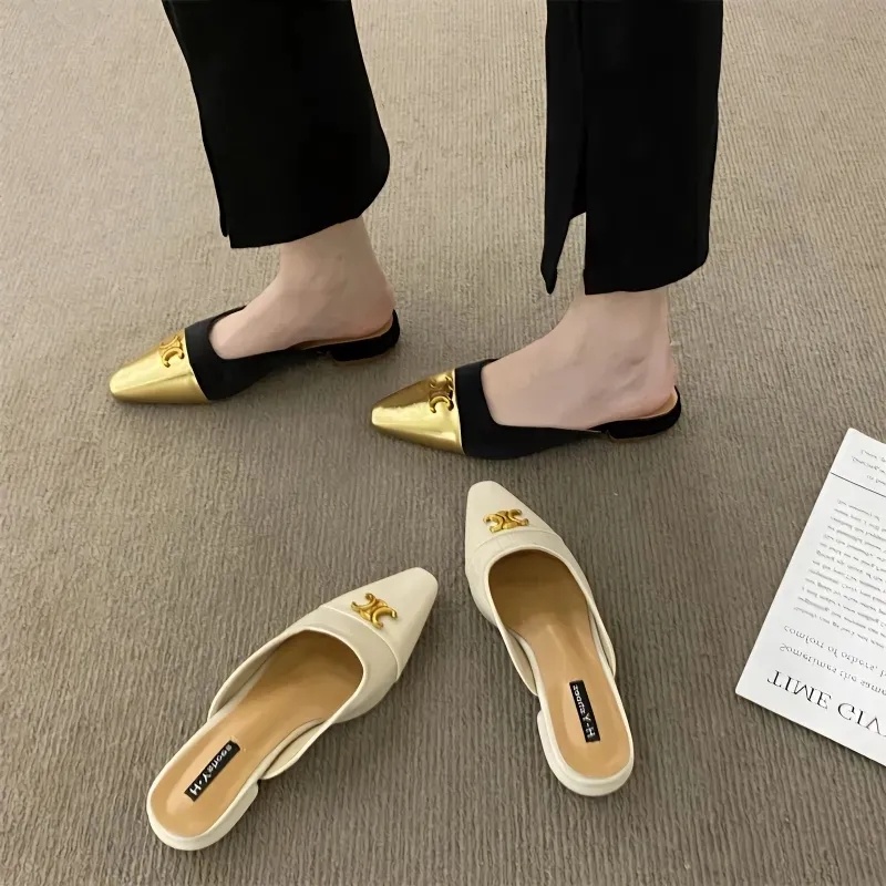 Dép Đế Bằng Mũi Nhọn Chống Trượt Chống Mài Mòn Phối Khóa Kim Loại Thời Trang Kiểu Pháp Cho Nữ 02631