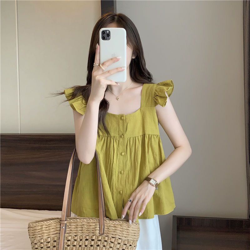 Cozok Áo Sơ Mi Ngắn Không Tay Cổ Vuông Dáng Rộng Thời Trang