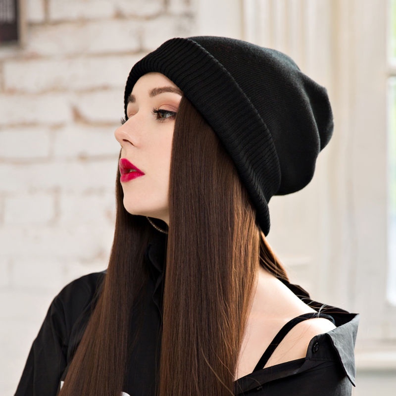 Mới Mũ Len Kèm Tóc Giả Dài Thẳng Thời Trang Thu Đông Cho Nữ