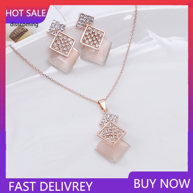 Đầm Nữ Kiểu Dáng Thời Trang Thanh Lịch| Bộ Vòng cổ + Bông Tai Hình Vuông Rỗng Đính Đá Opal Thời Trang