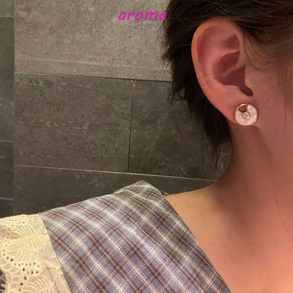 AROMA Bông Tai Hình Tròn Họa Tiết Hoa Phong Cách Hàn Quốc Thời Trang