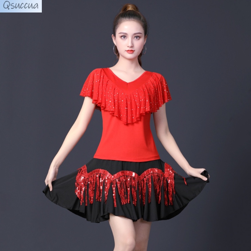 Bộ Trang Phục Khiêu Vũ Latin Phối Bèo Đính Kim Sa Lấp Lánh Dành Cho Nữ
