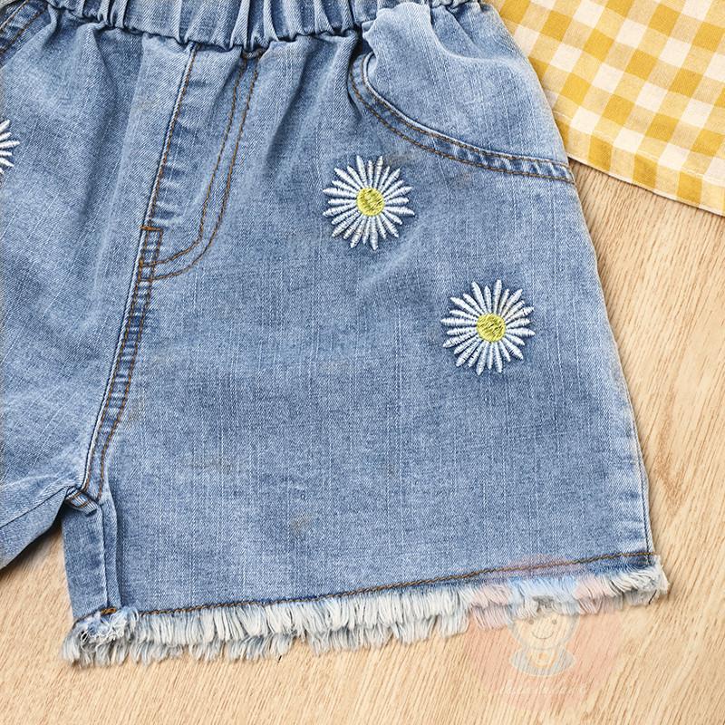 Set Áo Sát Nách Kẻ Sọc Caro + Quần Short Denim In Hoa Cúc Xinh Xắn Cho Bé Gái Laa