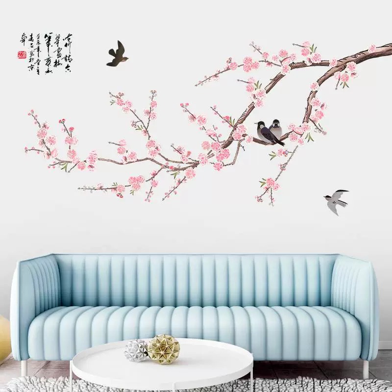 Decal dán tường Cành đào chim én thư pháp