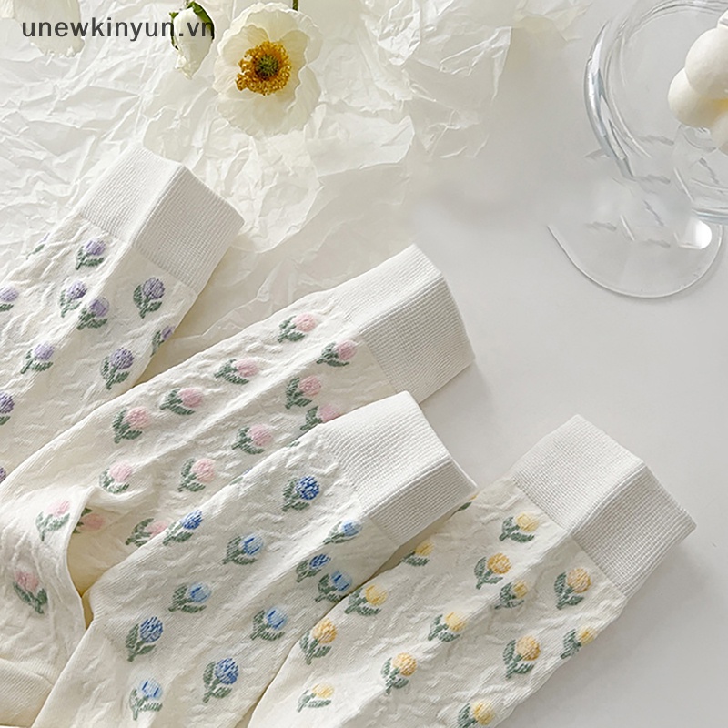 1 Đôi Vớ Cotton Dài In Hình Hoa Tulip Phong Cách Harajuku Nhật Bản Dễ Thương Cho Nữ