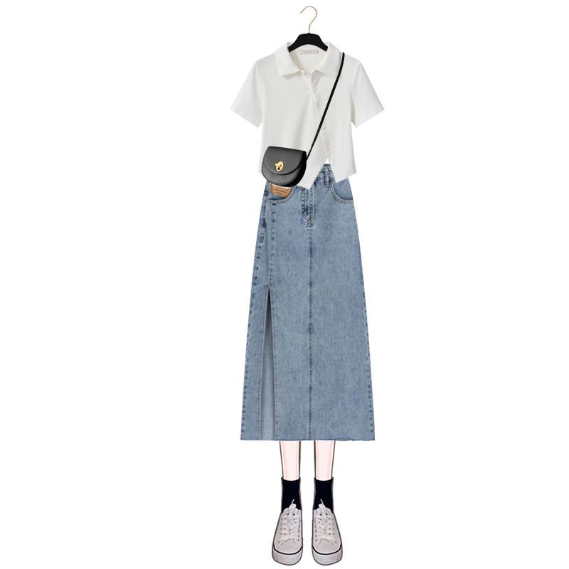 Set Áo Thun Ngắn Tay Và Chân Váy Denim Xẻ Tà Thời Trang Hè 2023 Cho Nữ