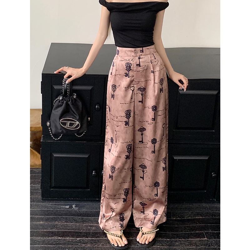 Quần Dài Vải Satin Ống Rộng Lưng Cao In Họa Tiết Vintage Thời Trang Mùa Hè Cho Nữ