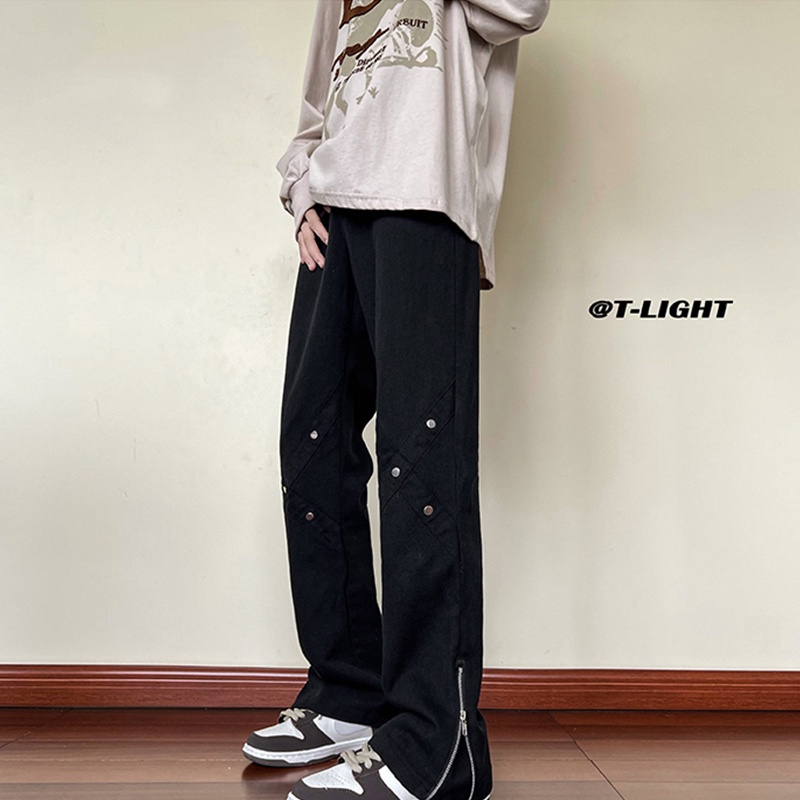 Quần Dài Dáng Suông Rộng Màu Đen Có Khóa Kéo Phong Cách Thời Trang Đường Phố Mỹ Cho Nam Giới