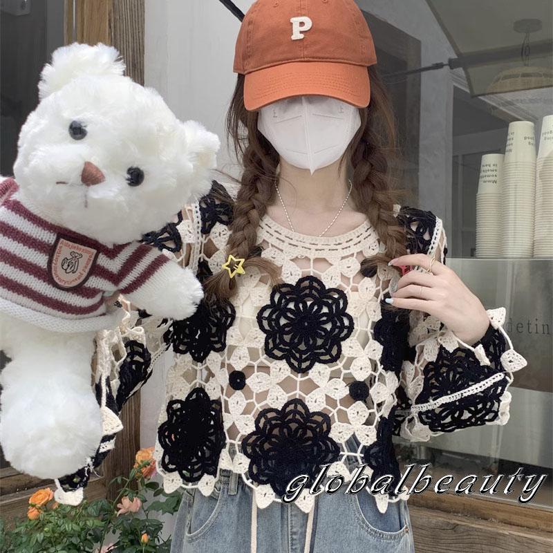 Áo Croptop Dệt Kim Tay Dài Cổ Tròn In Họa Tiết Hoa Thời Trang Xuân Hè Cho Nữ