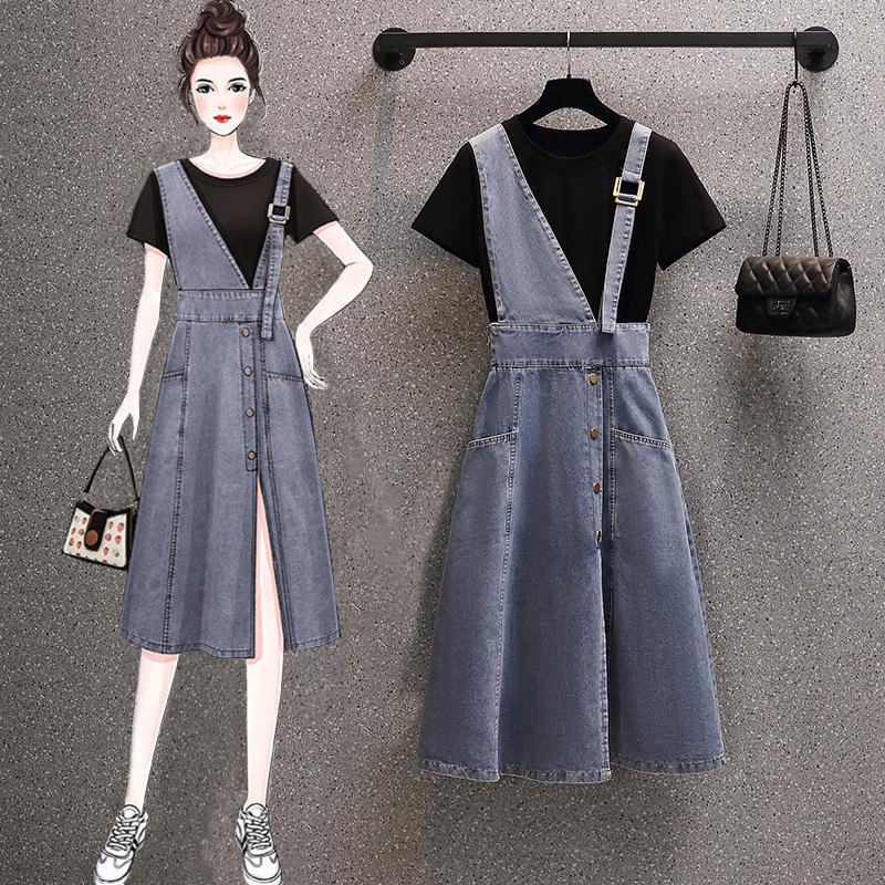 Bộ Áo Ngắn Tay Phối Chân Váy Yếm Denim Lệch Tà Thời Trang Mùa Hè 2023 Mới