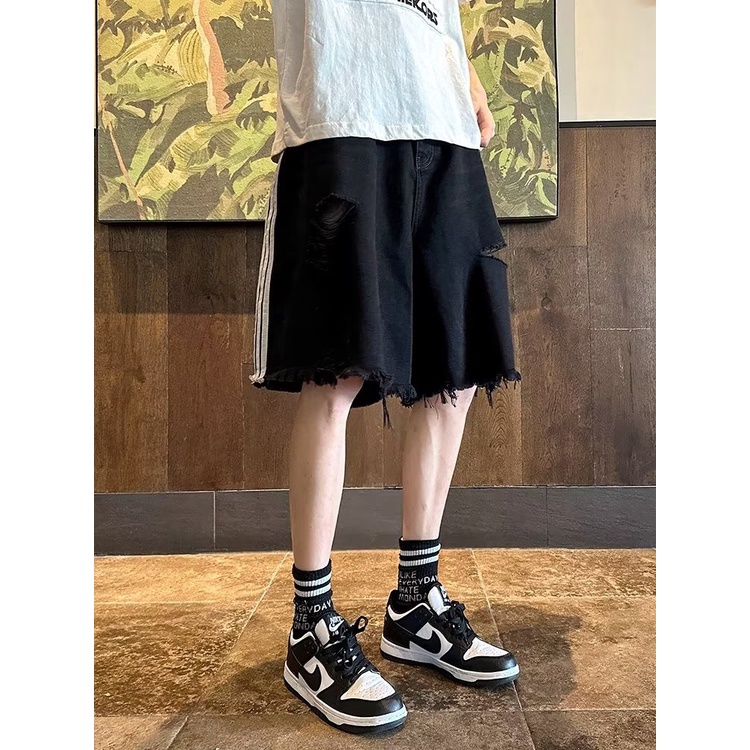 Quần Short Denim Dáng Rộng Phối Rách Kiểu Retro Mỹ Thời Trang Mùa Hè Cho Nam