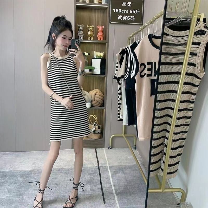 Đầm Dệt Kim Sát Nách Dáng Suông Rộng Họa Tiết Kẻ Sọc Thời Trang Mùa Hè Cho Nữ