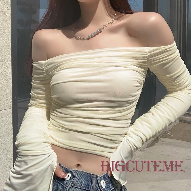 Áo Thun Crop Top Tay Dài Trễ Vai Màu Trơn Phong Cách Thời Trang Y2k Dành Cho Nữ