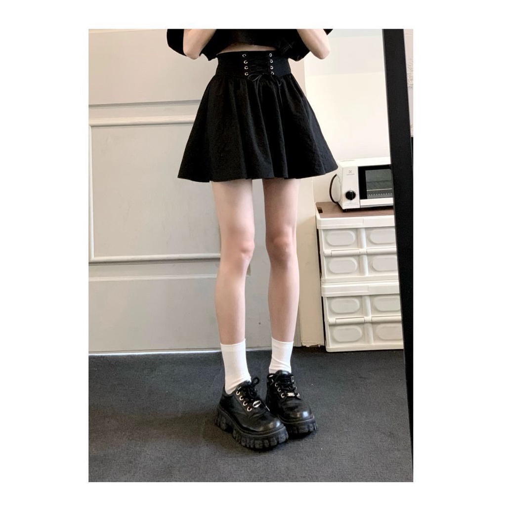 Set Áo Thun Ngắn Tay + Chân Váy Dây Rút Màu Đen Thời Trang Nữ