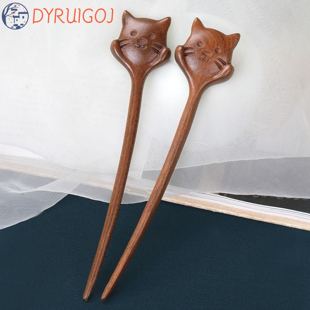 DYRUIDOJ Trâm Gỗ Cài Tóc Hình Mèo Phong Cách Trung Hoa Tinh Tế Cho Nữ