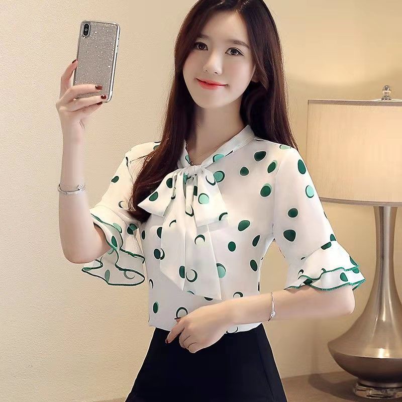 Áo Sơ Mi Tay Lỡ Cổ Lá Sen Họa Tiết Chấm Bi Thời Trang Mùa Hè Cho Nữ