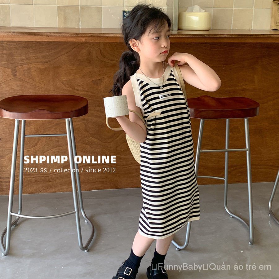 Đầm Không Tay 100% Cotton Họa Tiết Kẻ Sọc Thời Trang Mùa Hè 2023 Mới Cho Bé Gái