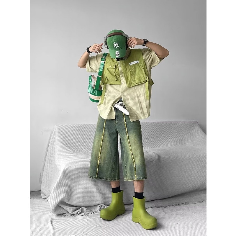 Áo Sơ Mi Giả Hai Lớp Tay Ngắn Kẻ Sọc Màu Sắc Tương Phản Phong Cách Retro Dành Cho Nam Giới