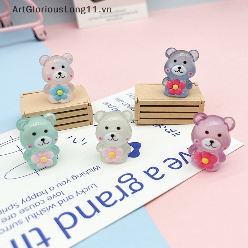 Set 2 Mô Hình Gấu Và Hoa Dạ Quang Mini Bằng Nhựa Resin Trang Trí Bảng Điều Khiển Xe Hơi / Nhà Cửa / Làm Quà Tặng