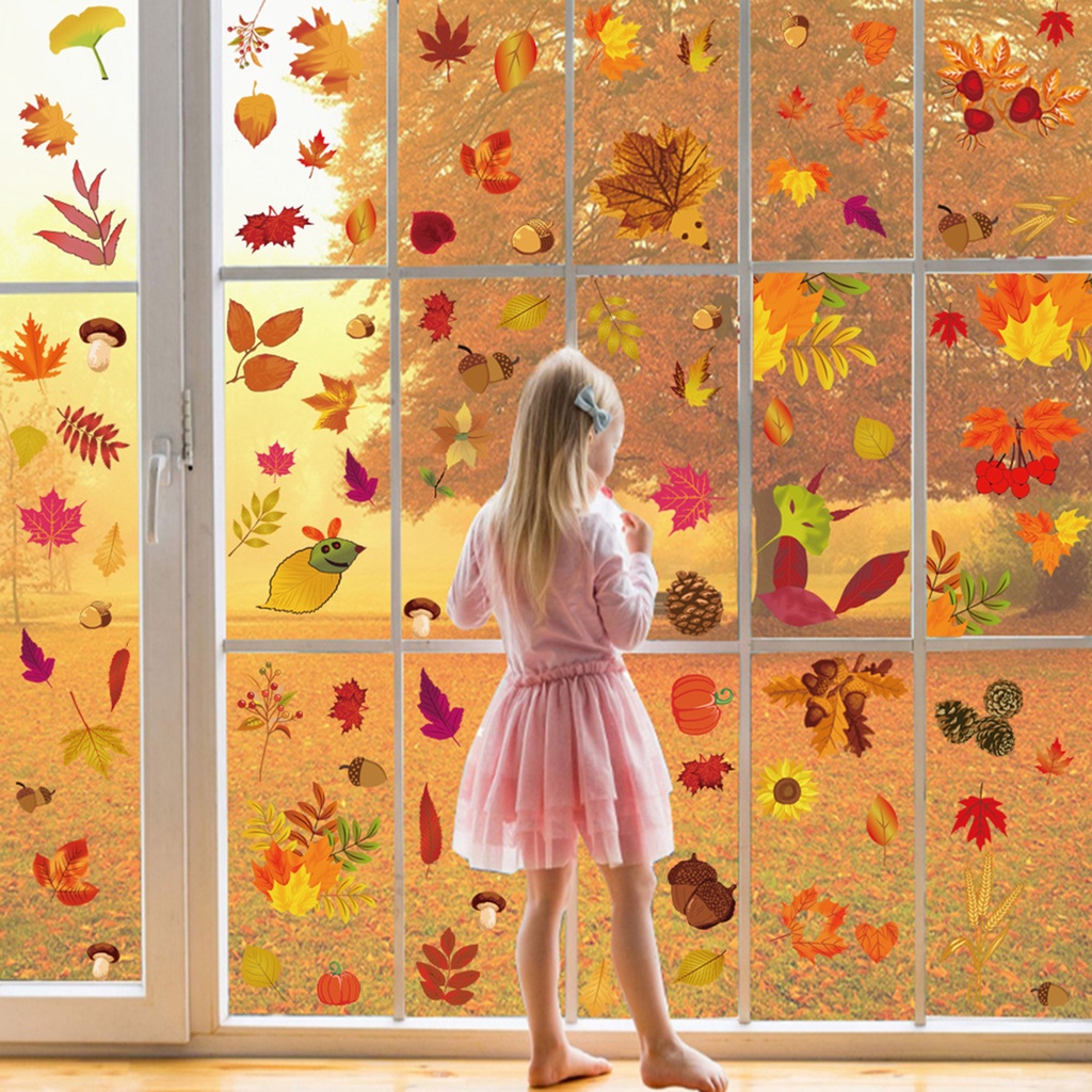 Set 9 Miếng Dán Cửa Kính Bằng PVC Hình Lá Phong Có Thể Tái Sử Dụng
