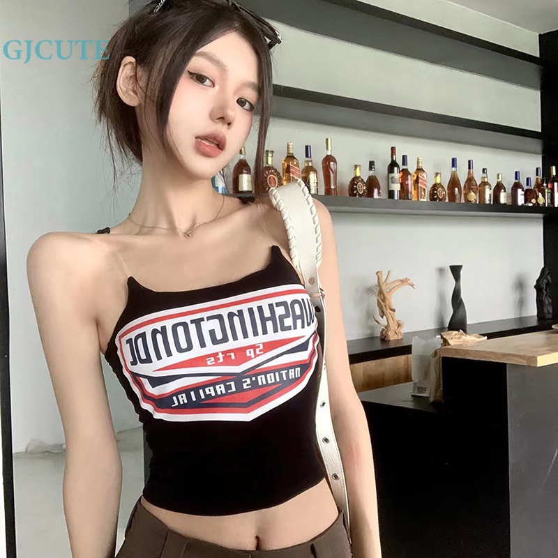 Áo Hai Dây Mỏng Mùa Hè In Chữ Phong Cách Retro Mỹ Cho Nữ