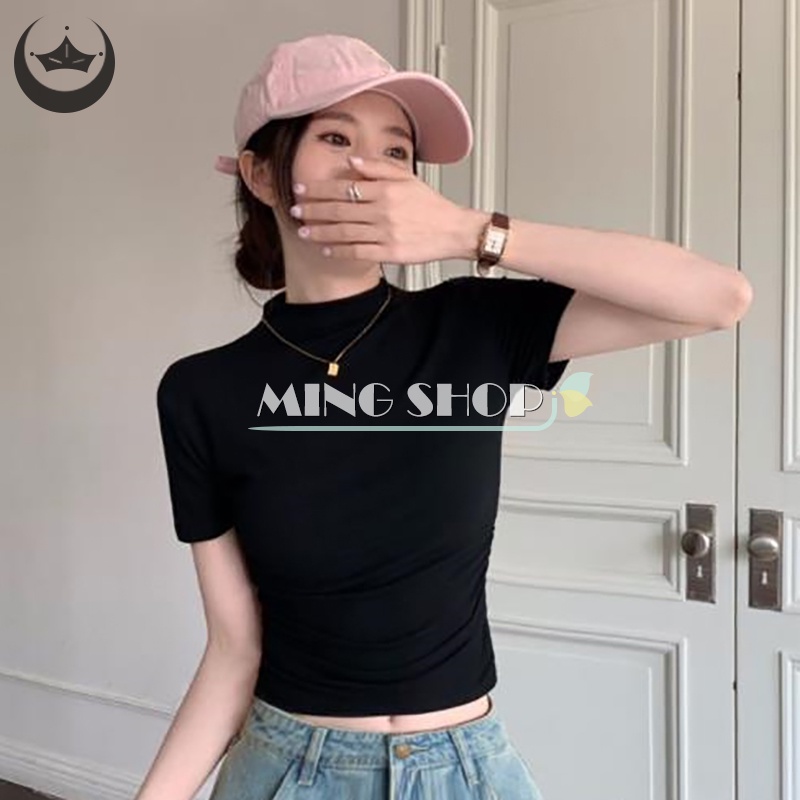 Áo Croptop Tay Ngắn Cổ Lọ Màu Trơn Dáng Ôm Thời Trang Mùa Hè Quyến Rũ Cho Nữ