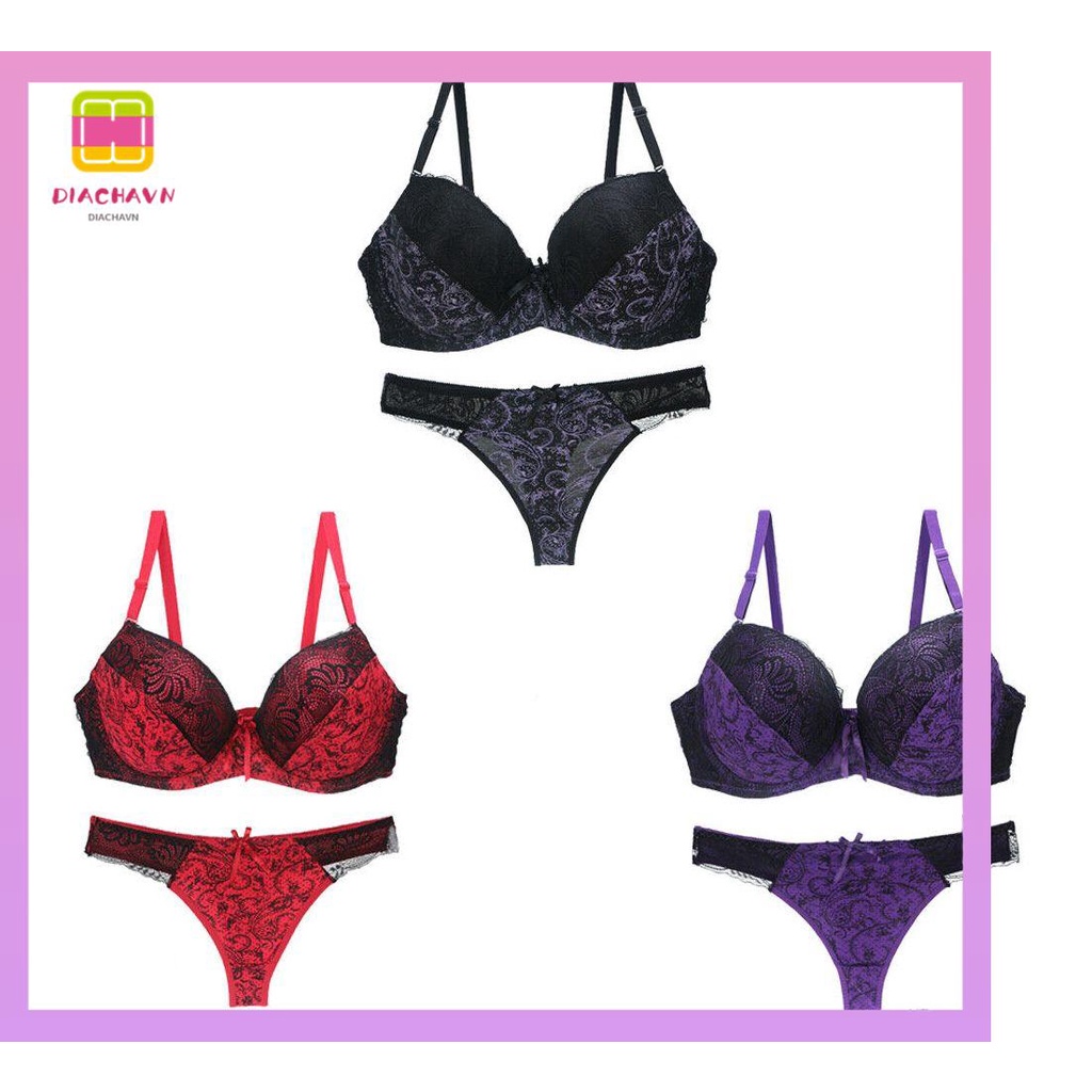 DIACHAVN Bộ Đồ Lót Màu Trơn Cổ Chữ V Khoét Sâu Phối Ren Gợi Cảm Có Size Lớn Dành Cho Nữ