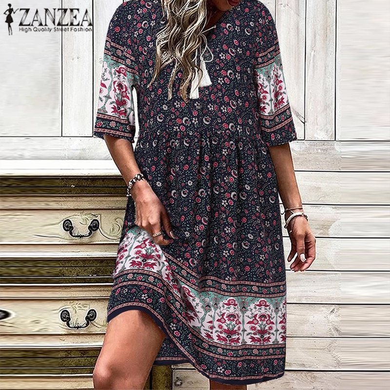 ZANZEA Đầm Dài 3 / 4 In Họa Tiết Thời Trang Nữ Tính