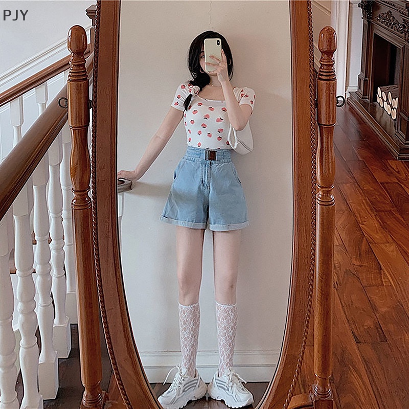 Áo Thun Ngắn Tay Cổ Vuông In Họa Tiết Dâu Tây Xinh Xắn Theo Phong Cách Mùa Hè Dành Cho Nữ PJ