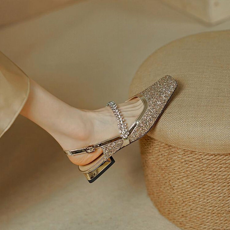 Giày Cao Gót Mũi Vuông Đính Kim Sa Lấp Lánh Thời Trang Cho Nữ