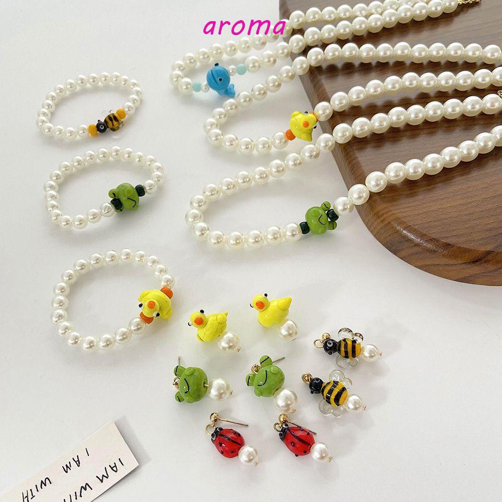 AROMA Bộ Vòng cổ + Bông Tai Hình Ong / Vịt / Cá Voi Hoạt Hình Kiểu Hàn Quốc