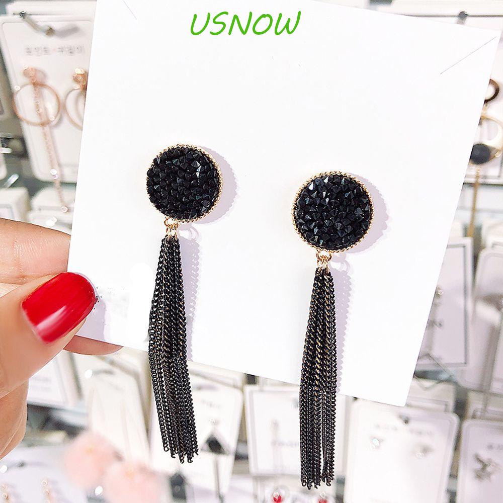 USNOW Khuyên Tai Dáng Dài Mặt Tròn Màu Đen Phối Tua Rua Thanh Lịch Cho Nữ