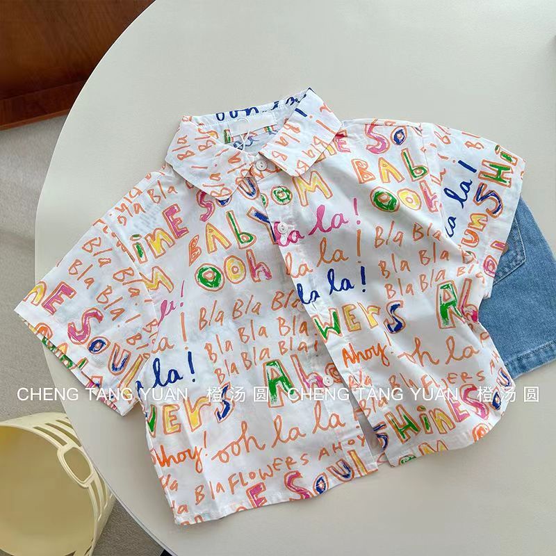 90-140cm Bé Trai Mùa Hè Áo Sơ Mi Hoa Tay Ngắn Phong Cách Mới Trẻ Em Hoạt Hình Thường Ngày Ve Áo Sơ Mi Bé Trai Đẹp Trai Top Mỏng